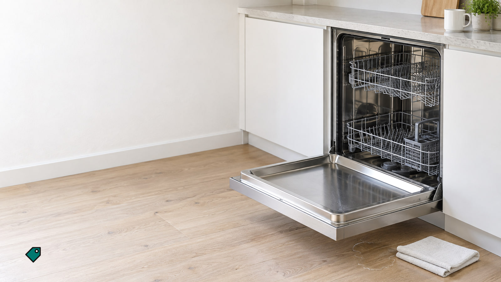 Stainless dishwasher with its door open wide under a stone counter, a small puddle and folded white towel on the oak floor, in soft daylight.