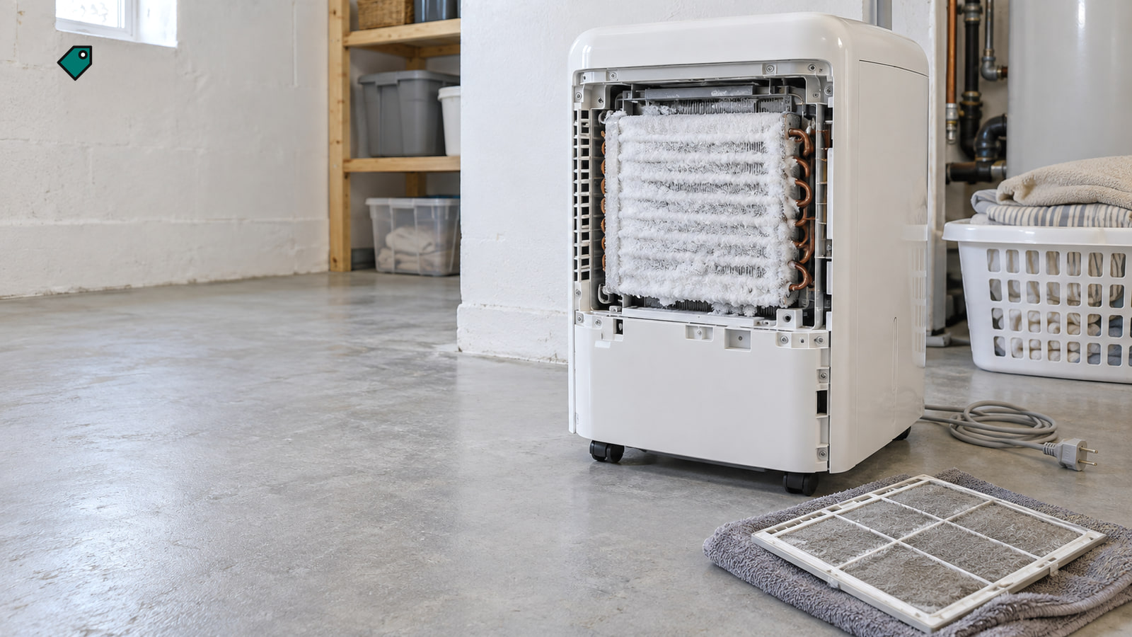 White dehumidifier on a concrete floor with frosted coils exposed, its grey filter on a towel beside it and its cord unplugged, in soft daylight.