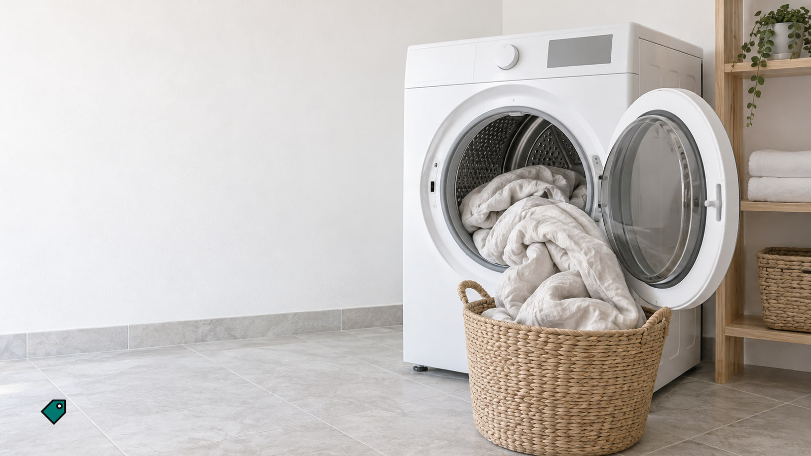 White front-loading dryer with its door open and a bunched duvet spilling into a basket, its front feet on a pale tile floor in soft daylight.