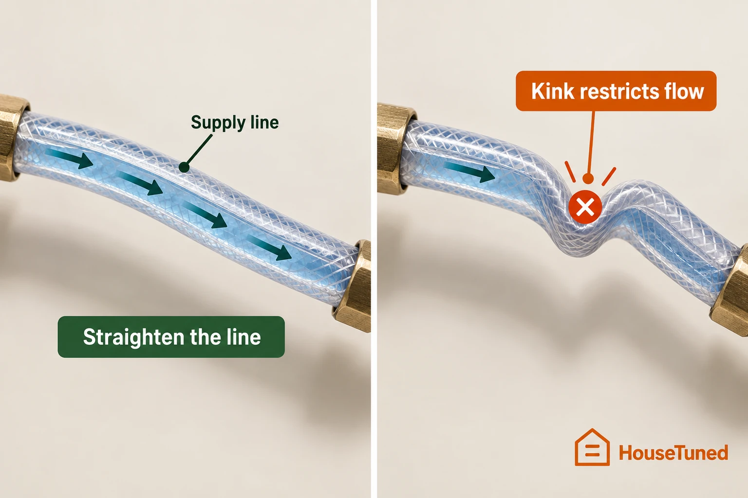 Side-by-side view of a flexible water supply line, smooth on the left and sharply kinked on the right where the inner channel is pinched.