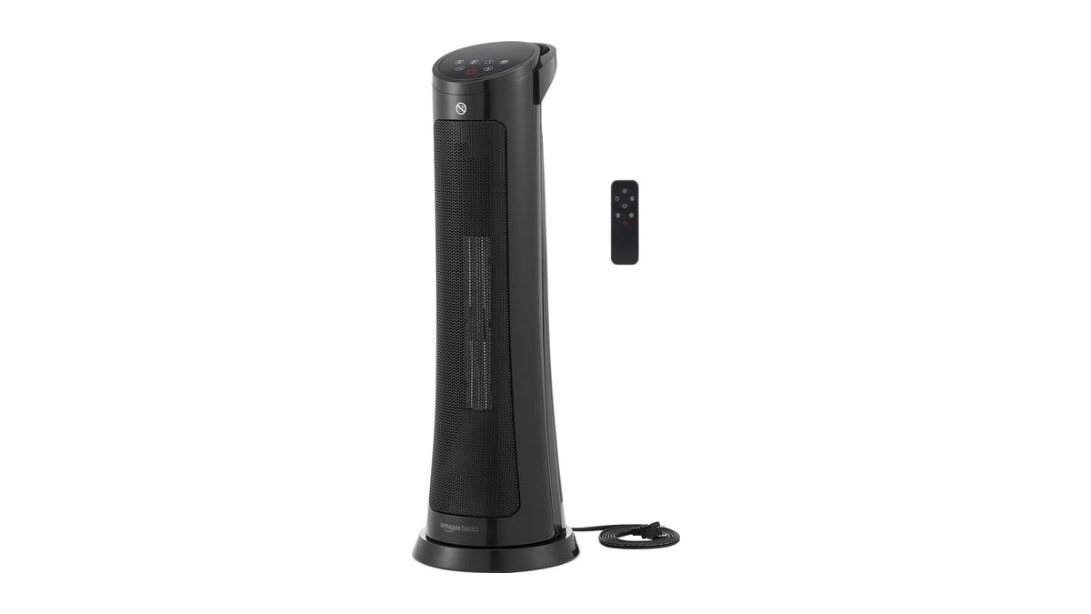 Amazon Basics 28-Inch Oscillating Tower Heater With Overheat and Tip-Over Protection, Fast Heating, 2 Heat Settings, Fan Mode, Timer, Remote Control,