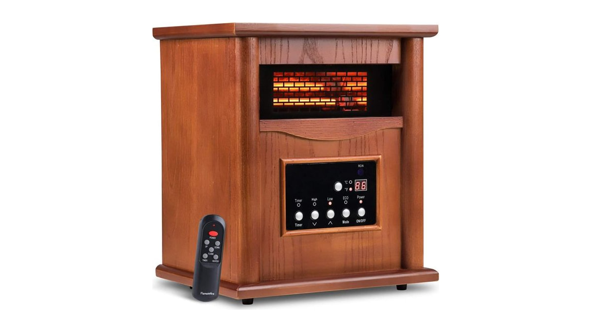 Electric Infrared Space Heaters for Indoor Room Use, LifePlus 1500W Box Space Heater with Wood Frame, Remote Control and Timer, Multiple Security Prot