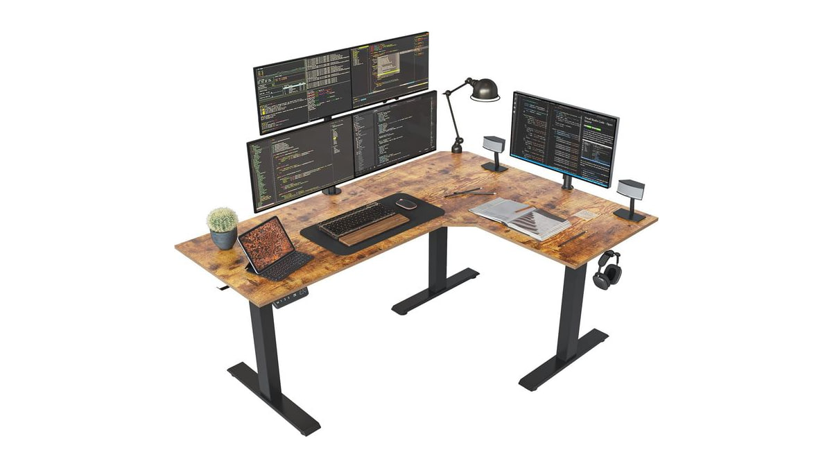 FEZIBO Triple Motor 63" L Shaped Standing Desk, Electric Standing Gaming Desk Adjustable Height, Corner Stand up Desk with Splice Board, Black Frame/R