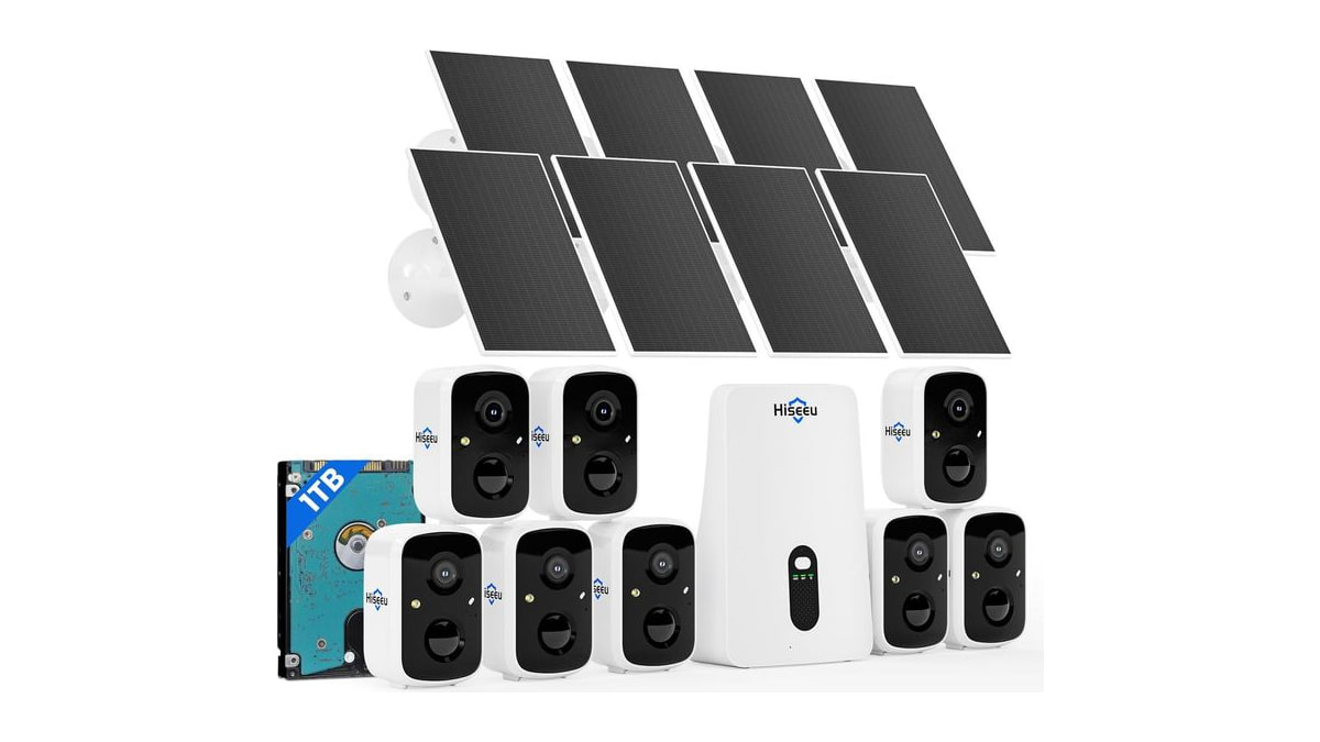 Hiseeu Solar Security Cameras Wireless Outdoor System, 8 Cam-Kit, Expandable to 10CH, No Monthly Fee, Solar-Powered, Home Security Cameras System with
