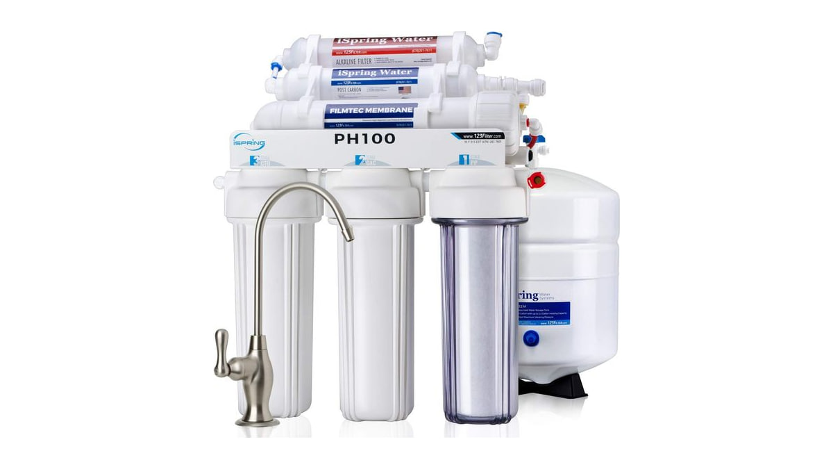 iSpring PH100 Alkaline Reverse Osmosis Water Filter System, pH+ Remineralization 6-Stage Under Sink RO Drinking Water Filtration System 100 GPD Fast F