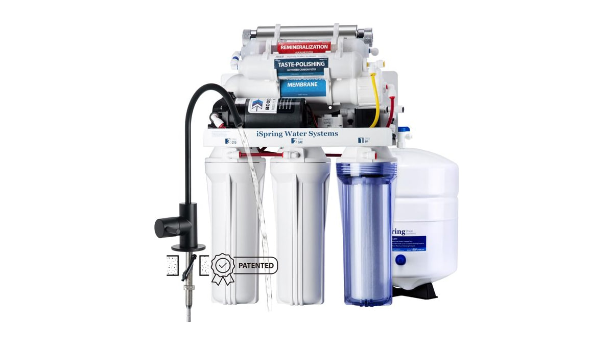 iSpring RCC1UP-AK-BLK, 7-Stage Alkaline UV Reverse Osmosis Water Filter with Booster Pump, Sleek Black RO Faucet TDS PFAS Microplastic Removal, Patent