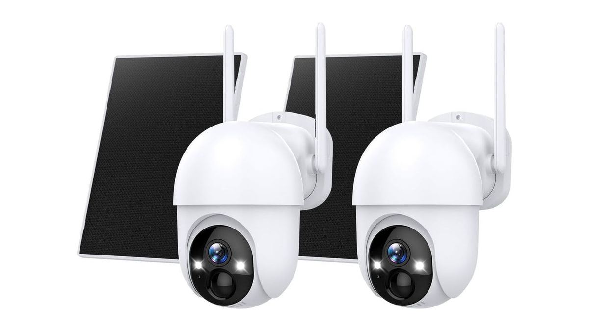 Poyasilon 2-Pack Solar Security Camera Wireless Outdoor, 2K, Color Night Vision, Two-Way Talk, Dual Spotlights, Cloud/SD Storage, 2.4GHz WiFi, Light W