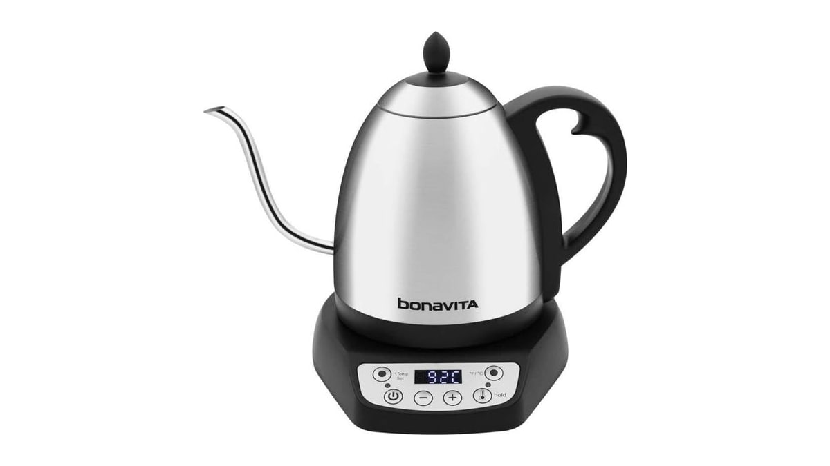 Stainless steel Bonavita gooseneck kettle with a black handle on its digital temperature control base.