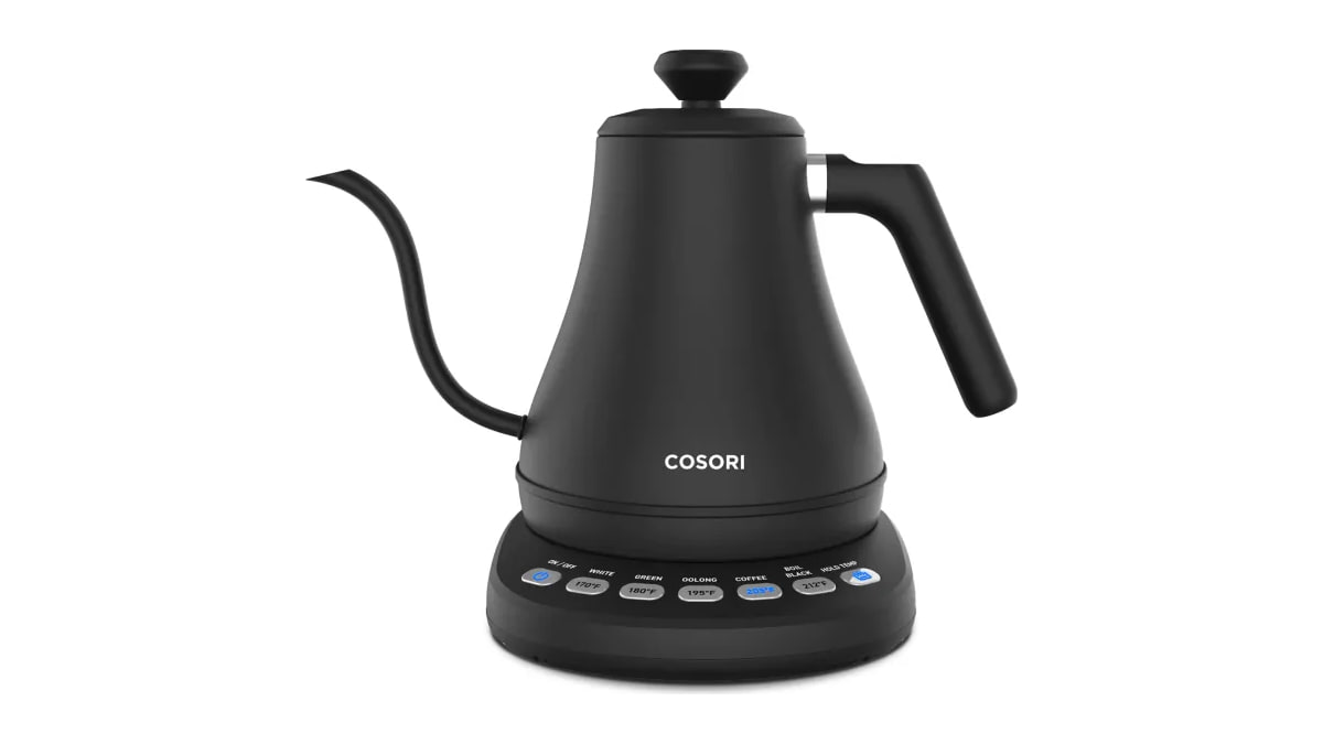 Black COSORI gooseneck kettle viewed from the front on its temperature control base against a white background.