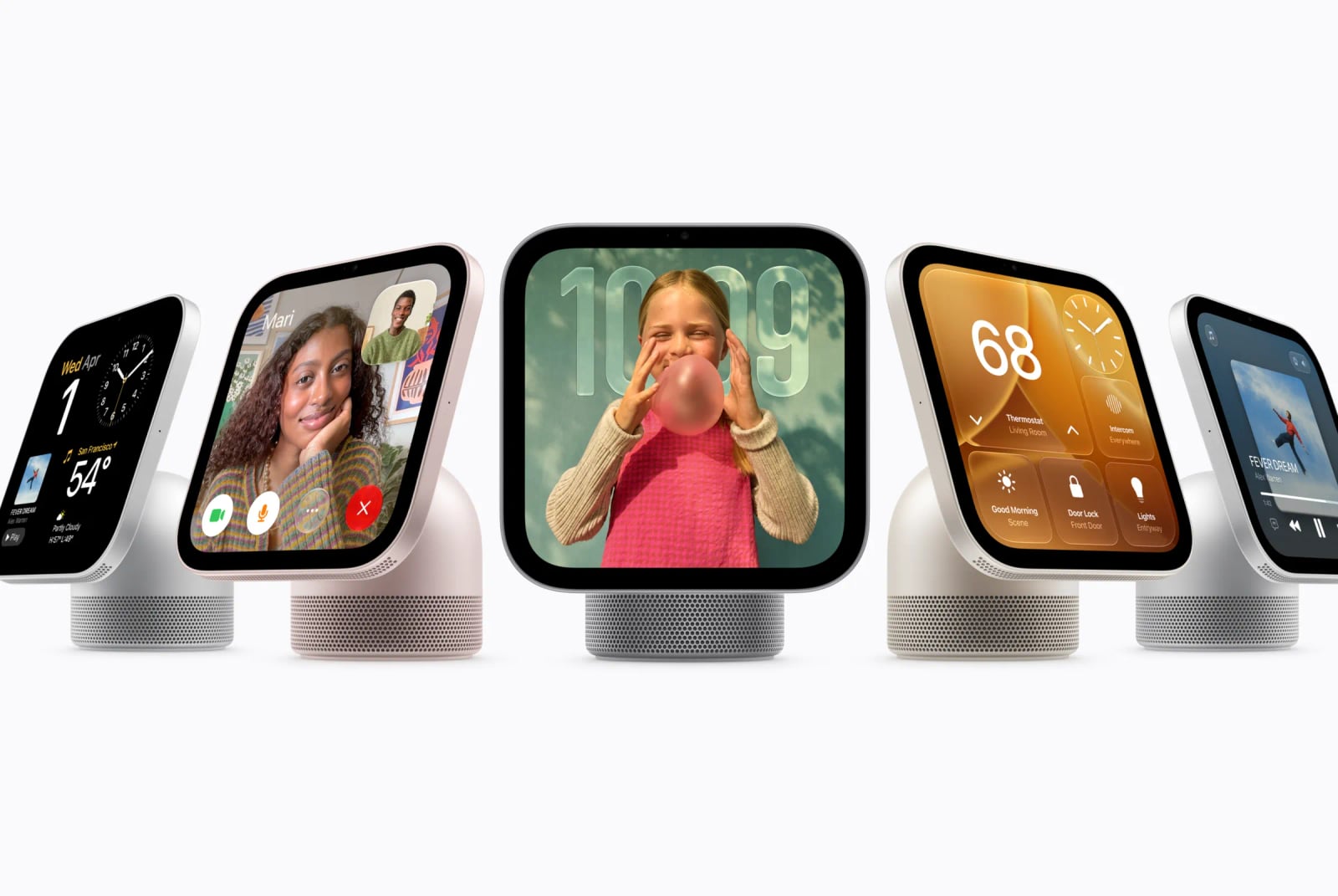Five HomeView displays show a video call, photo clock, smart home controls, weather and music.