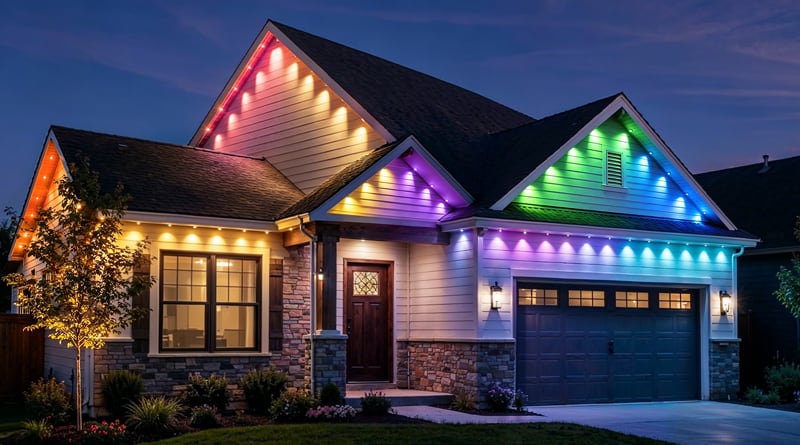 Multicoloured lights illuminate the rooflines and eaves of a house at dusk.