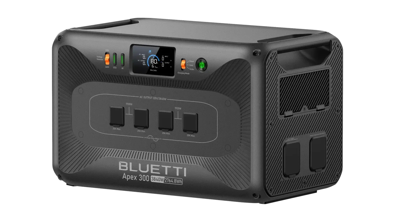 BLUETTI Apex 300 power station showing its front display, covered outlets and right side handle and ports.