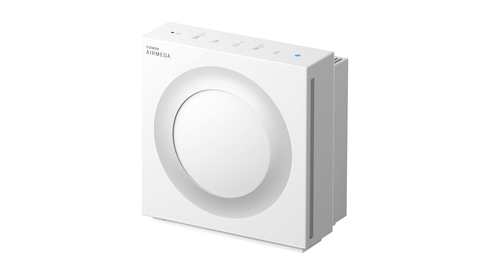 White Coway Airmega air purifier with a circular front panel, top controls and a blue indicator light.