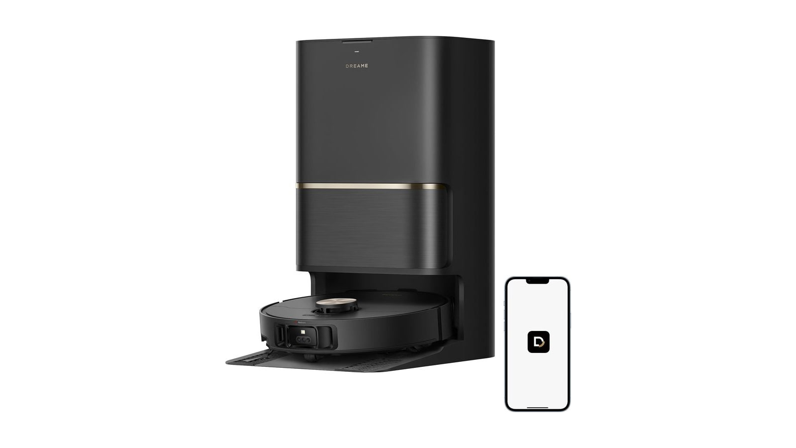 Black Dreame robot vacuum at its docking station beside a phone displaying the Dreame app icon.