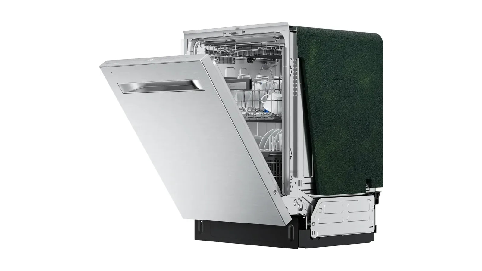 A stainless steel Midea dishwasher has its door partly open, revealing racks loaded with dishes and glasses.