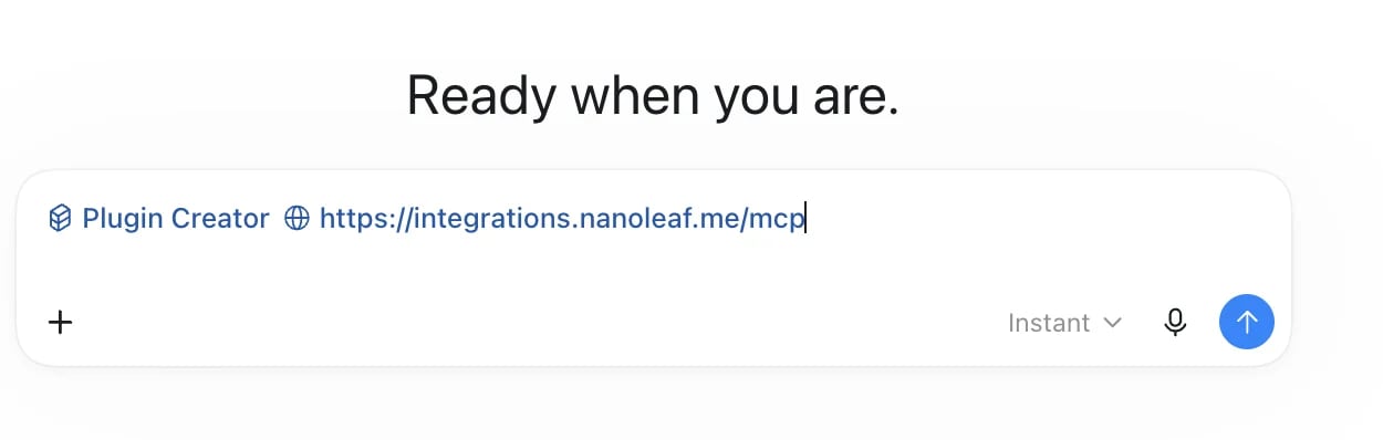 A chatbot input field shows Plugin Creator and the Nanoleaf MCP integration URL.