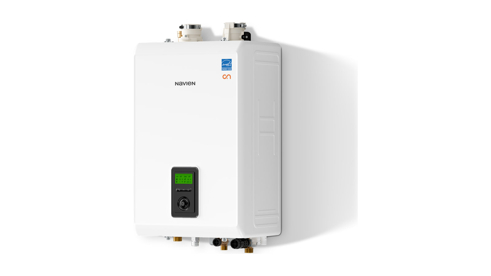 White Navien combi-boiler with a green control display, click wheel and fittings above and below the cabinet.