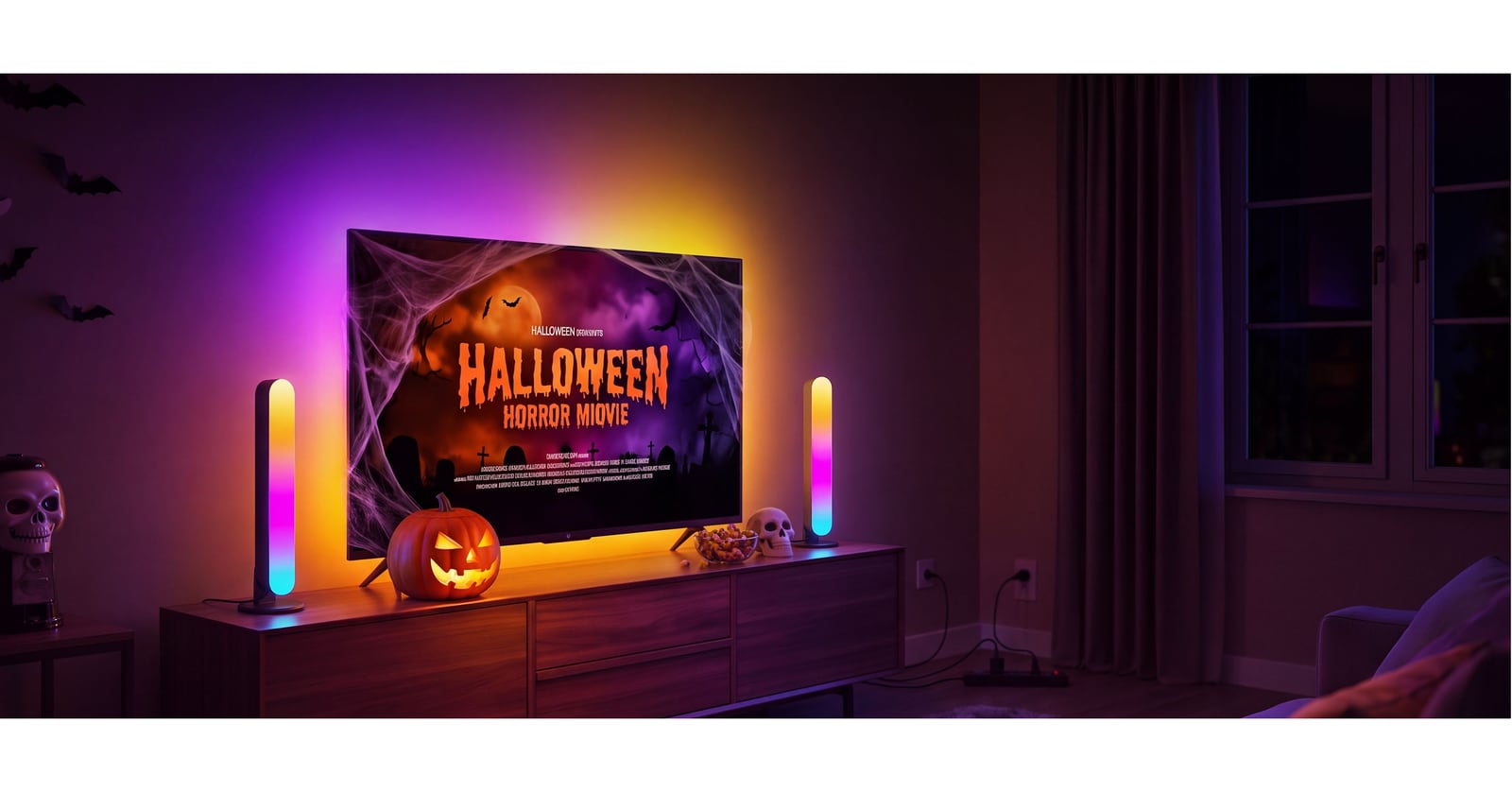 Two light bars cast colorful light beside a television surrounded by pumpkins, skulls and Halloween decorations.