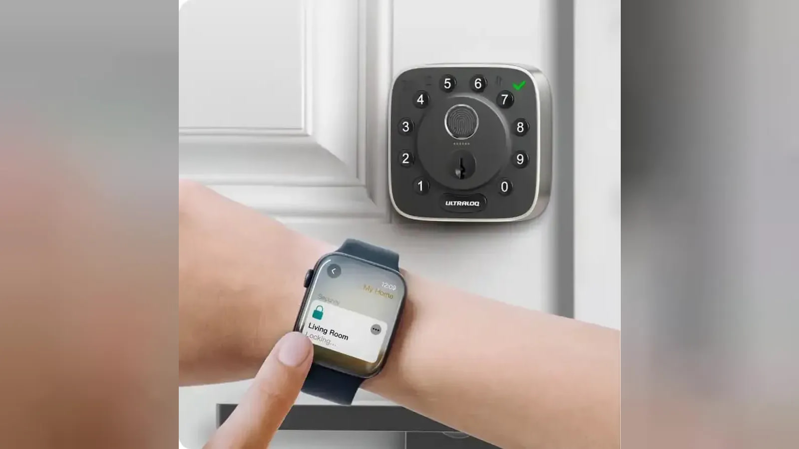 A finger touches an Apple Watch home control beside an ULTRALOQ keypad lock on a white door.